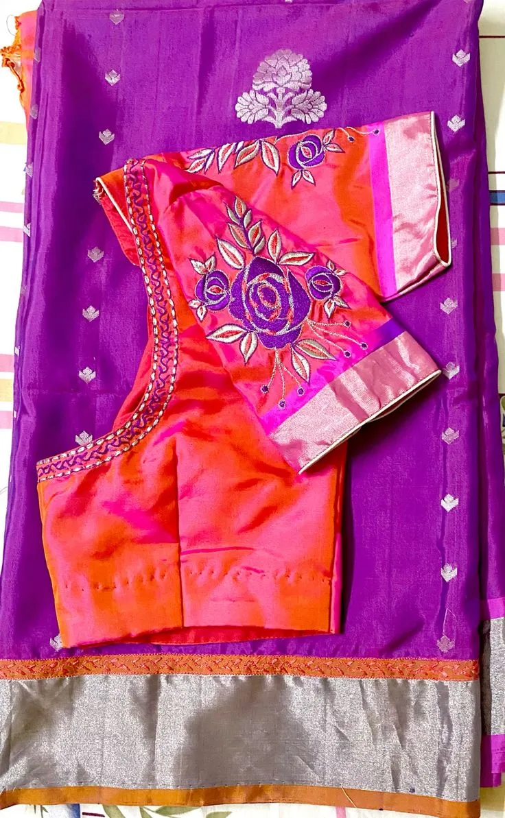 Peach Coral Silk Designer Saree Blouse | Computer Machine Floral Rose Sleeve Motif & Contrast Neck Border Partywear Choli