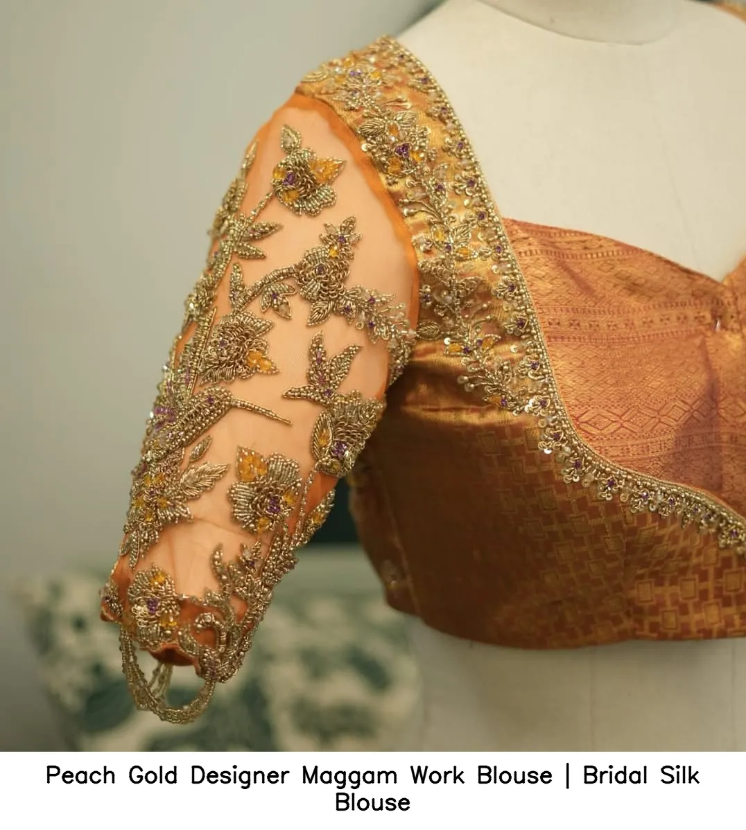 Peach Gold Designer Maggam Work Blouse | Bridal Silk Blouse 2