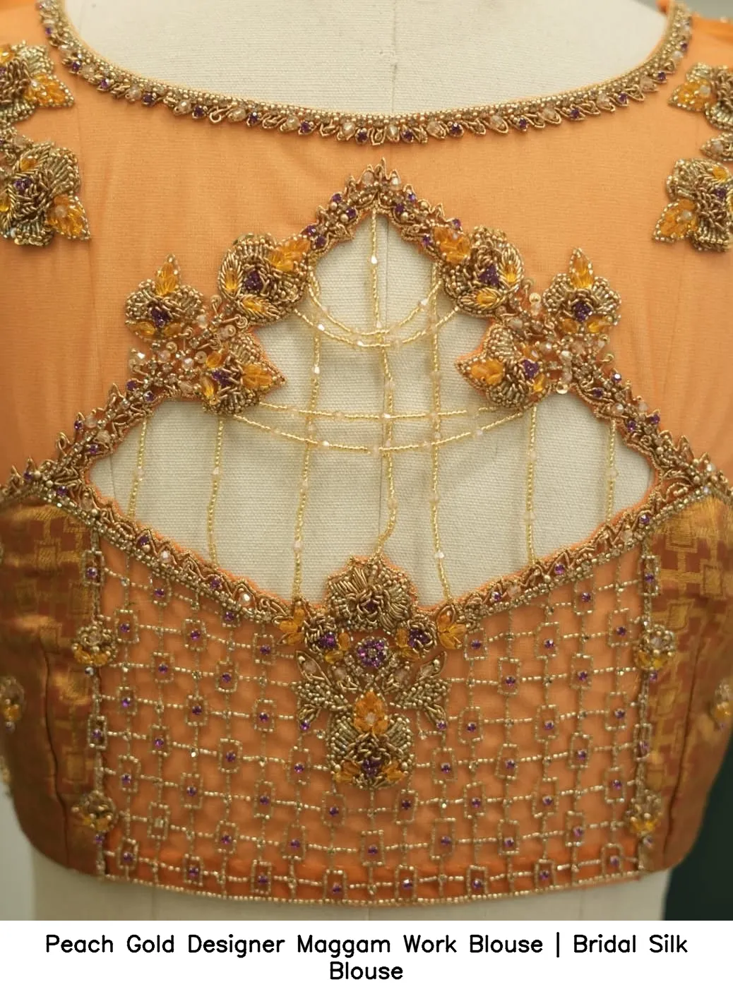 Peach Gold Designer Maggam Work Blouse | Bridal Silk Blouse 3