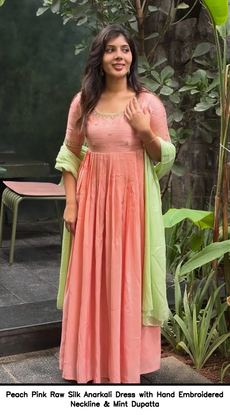 Peach Pink Raw Silk Anarkali Dress with Hand Embroidered Neckline & Mint Dupatta 3
