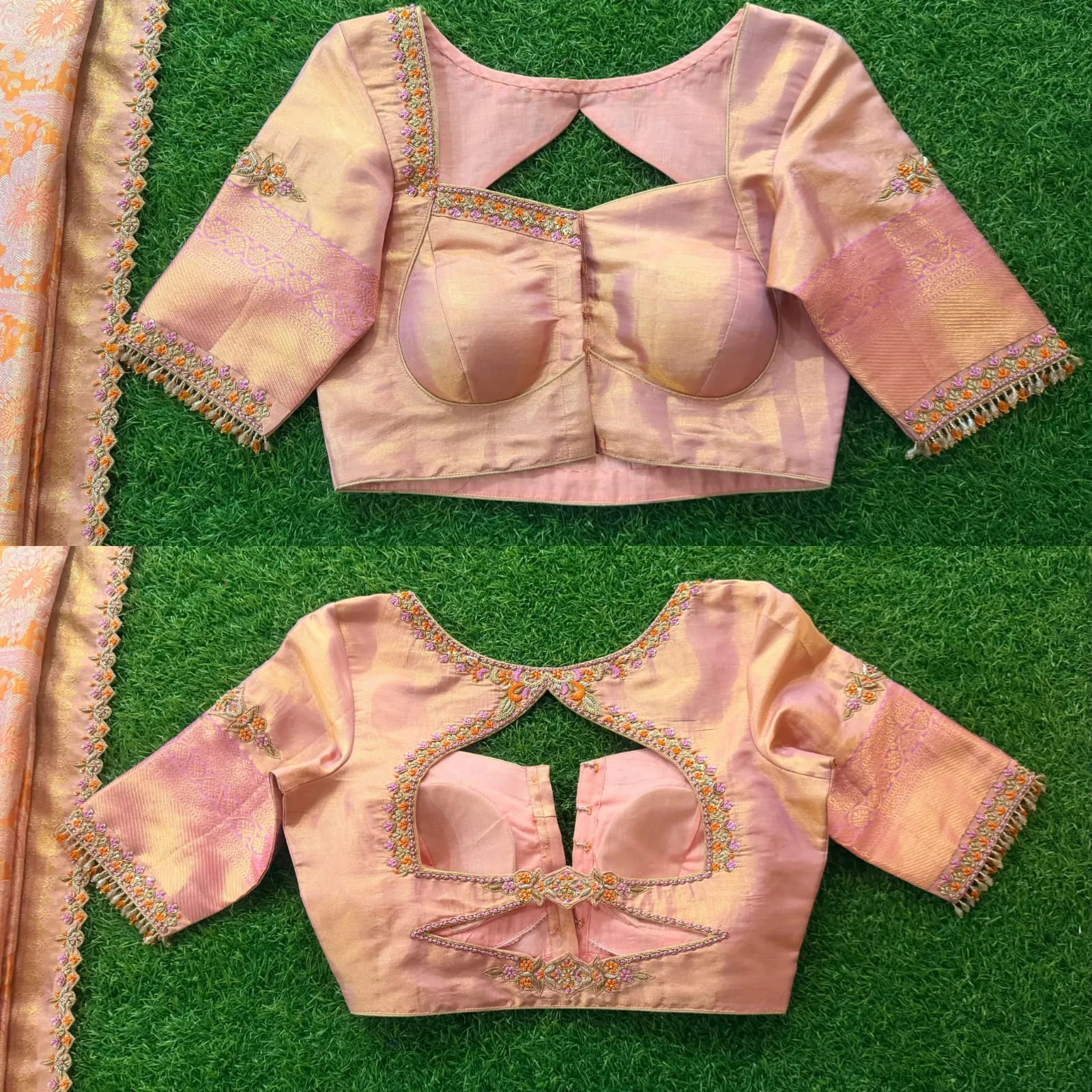 Peach Pink Tissue Silk Saree Blouse - Sweetheart Neck & Tassel Fringe Border Sleeves 1