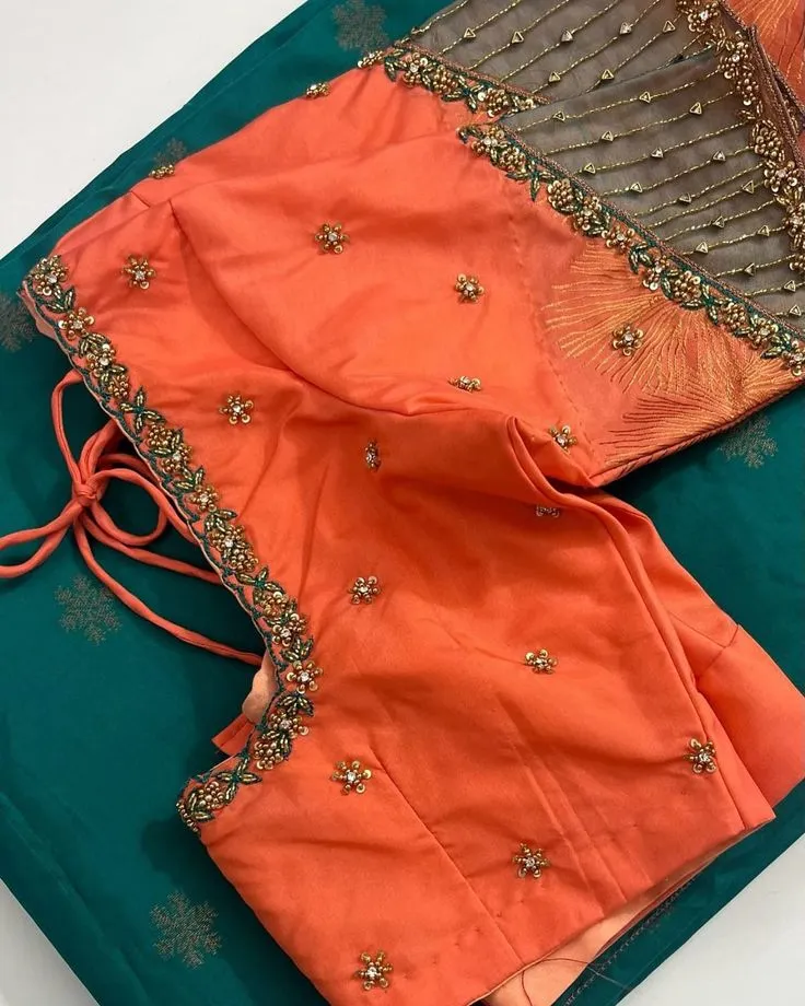 Peach Silk Aari Work Saree Blouse | Sheer Net Neck Designer Readymade Saree Blouse 1