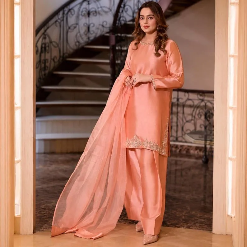 Peach Silk Suit with Silver Embroidery | 3 Piece Sharara Palazzo Set with Organza Dupatta | Pakistani Party Wear 1