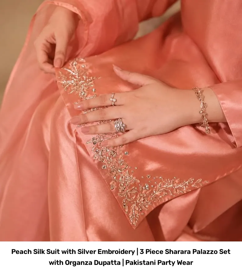 Peach Silk Suit with Silver Embroidery | 3 Piece Sharara Palazzo Set with Organza Dupatta | Pakistani Party Wear 3