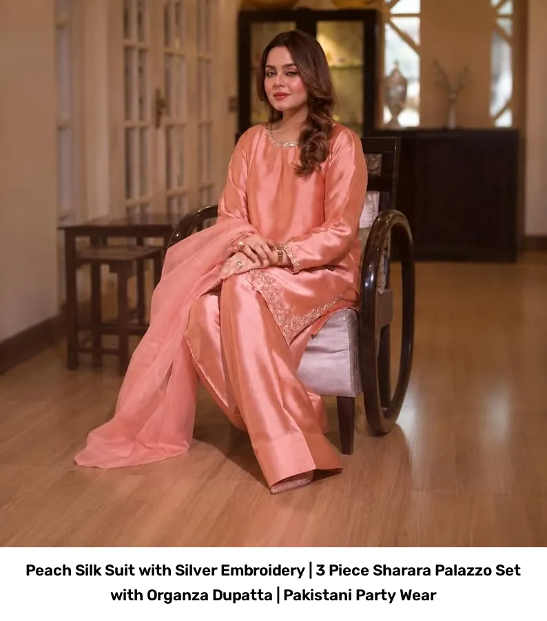 Peach Silk Suit with Silver Embroidery | 3 Piece Sharara Palazzo Set with Organza Dupatta | Pakistani Party Wear 4