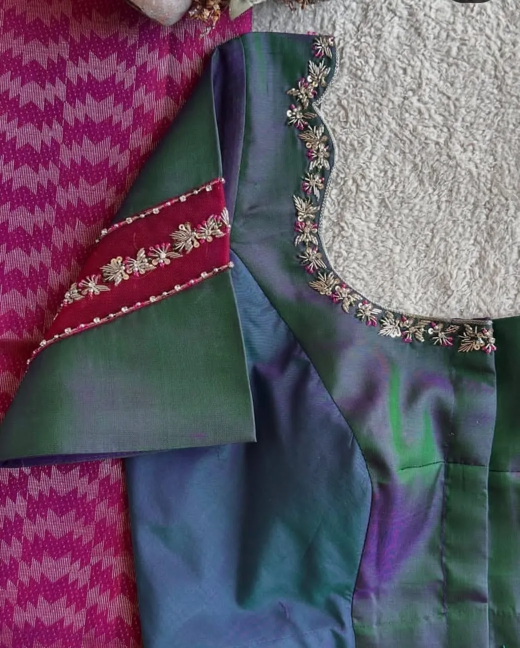 Peacock Blue-Green Dual Tone Silk Blouse - Handcrafted Floral Aari Embroidery Saree Blouse with Magenta Sleeve Patch 1