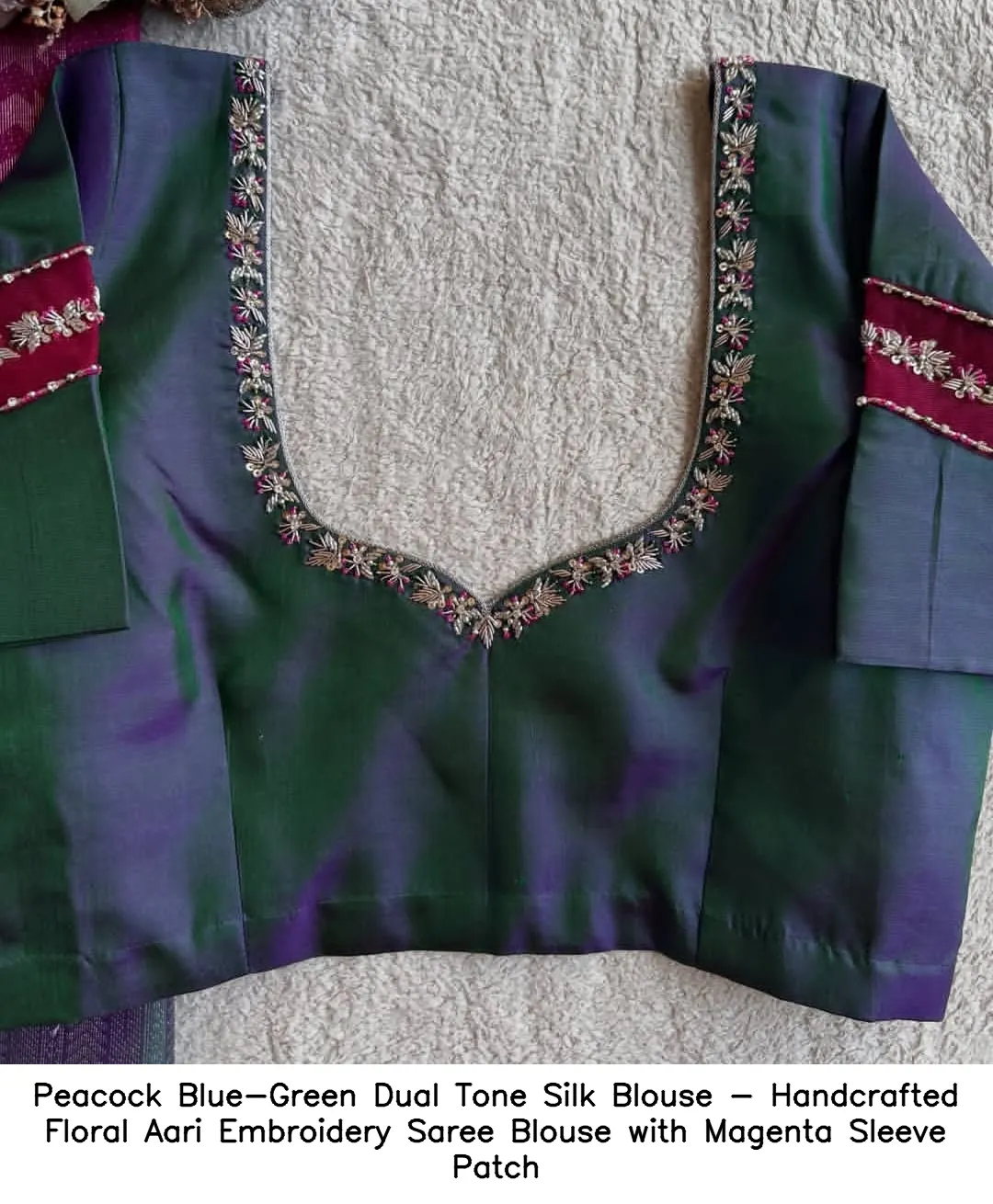 Peacock Blue-Green Dual Tone Silk Blouse - Handcrafted Floral Aari Embroidery Saree Blouse with Magenta Sleeve Patch 4
