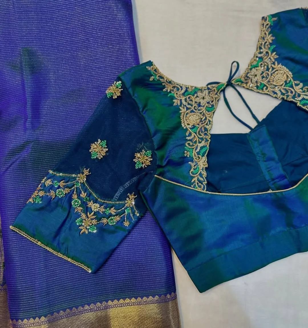 Peacock Blue Sheer Sleeve Silk Saree Blouse | Gold Zardosi & Emerald Floral Work Readymade Blouse