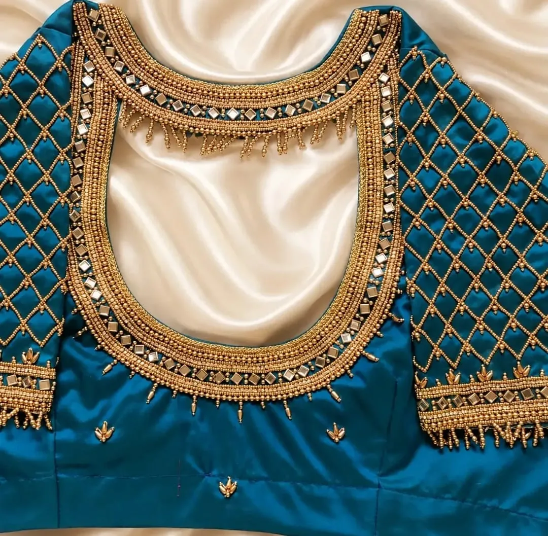 Peacock Blue Silk Bridal Blouse | Handcrafted Jaal Maggam Work, Mirror & Pearl Tassel Border Saree Blouse 1
