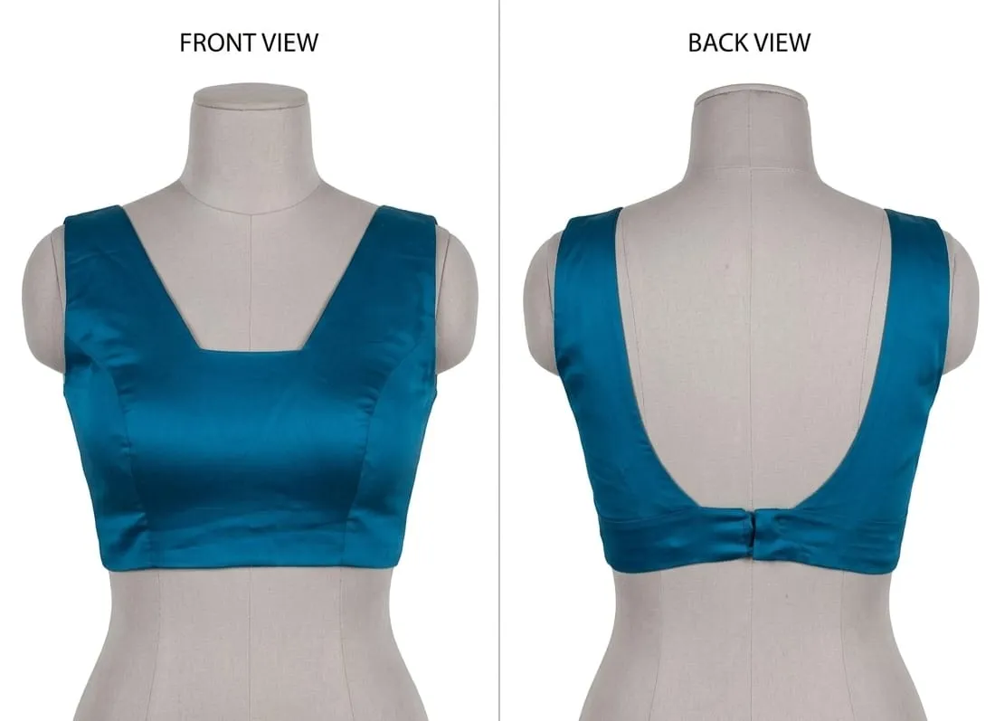 Peacock Blue Silk Broad Neck Saree Blouse | Plunging Low V-Back Sleeveless Readymade Choli
