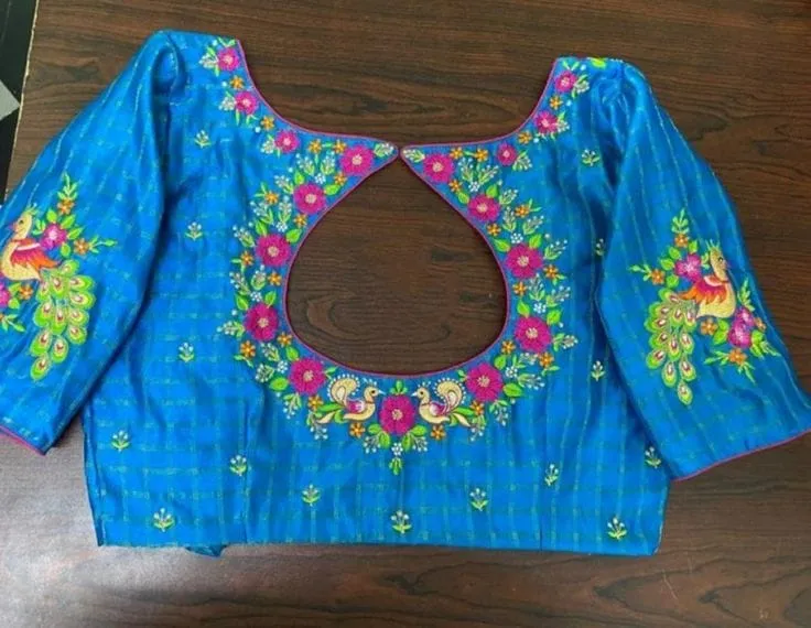 Peacock Blue Silk Checks Blouse with Pink Floral Hand Embroidery & Keyhole Back | Computer Work Blouse with Peacock Design | Customizable Colour & Size