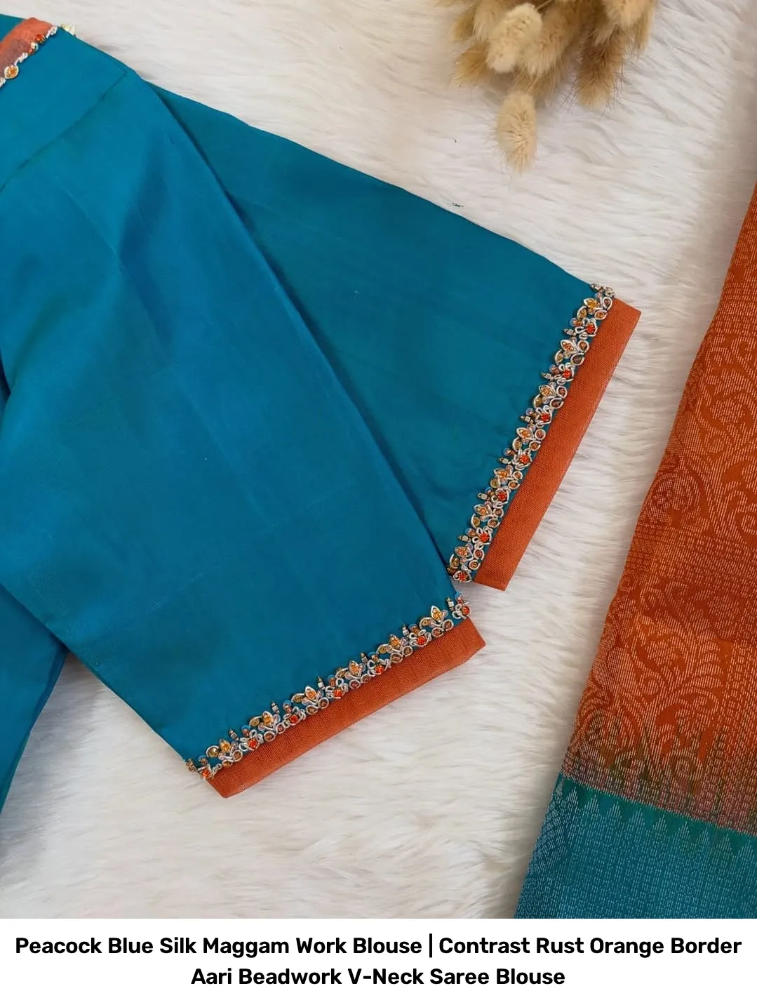 Peacock Blue Silk Maggam Work Blouse | Contrast Rust Orange Border Aari Beadwork V-Neck Saree Blouse 2