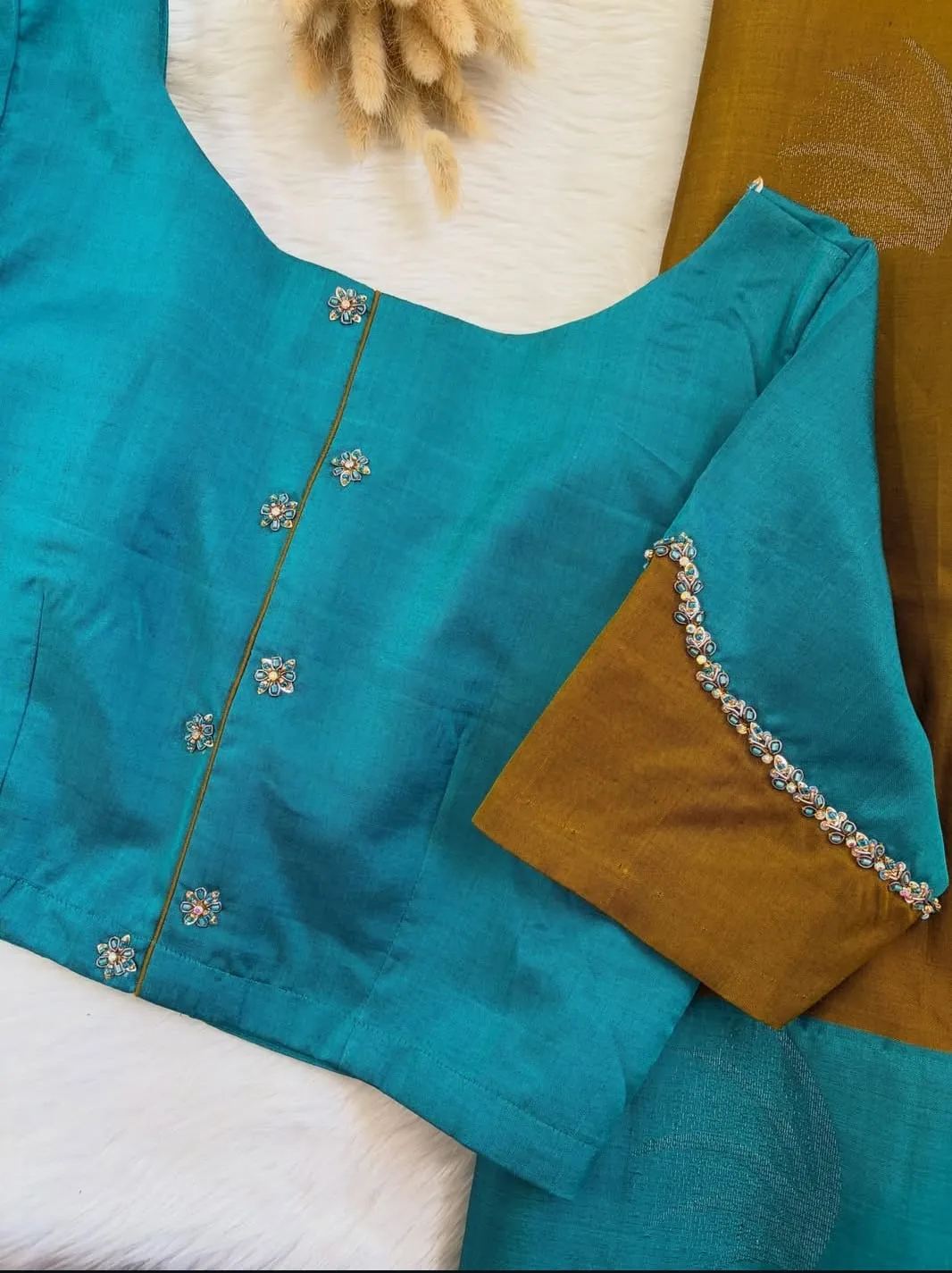 Peacock Blue Silk Saree Blouse | Contrast Mustard Sleeve Border with Handcrafted Floral Beadwork Readymade Blouse 1