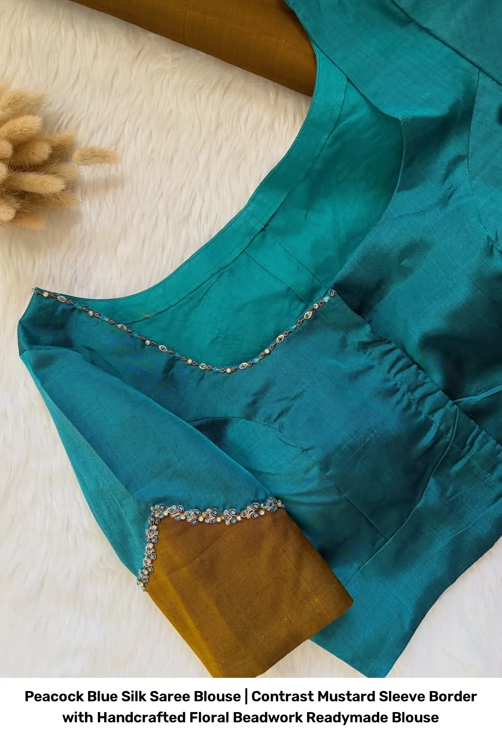 Peacock Blue Silk Saree Blouse | Contrast Mustard Sleeve Border with Handcrafted Floral Beadwork Readymade Blouse 2