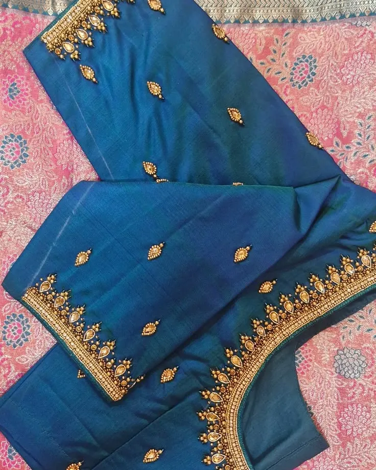 Peacock Blue Silk Saree Blouse with Teardrop Kundan & Zardozi Border | Designer Maggam Work Bridal Blouse
