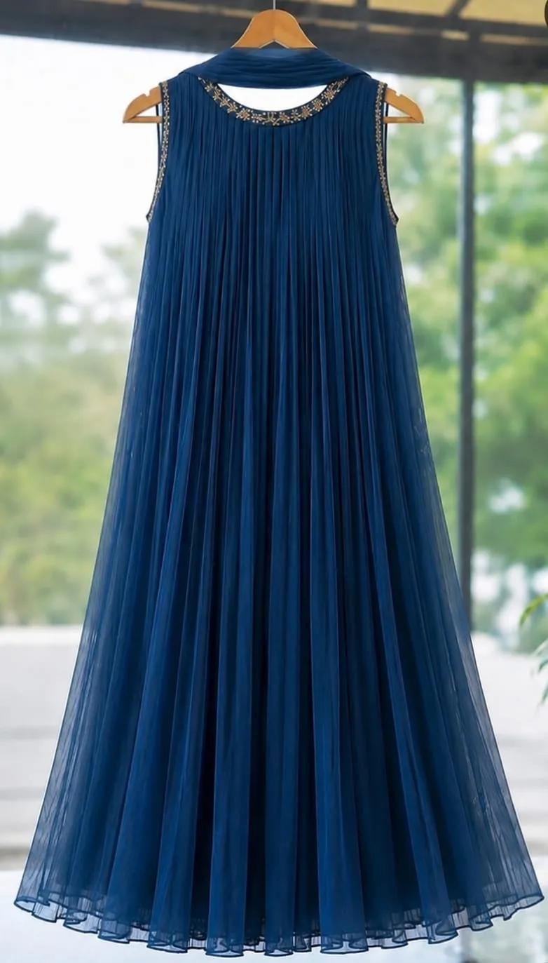 Peacock Blue Sleeveless Georgette Anarkali Dress Set 1