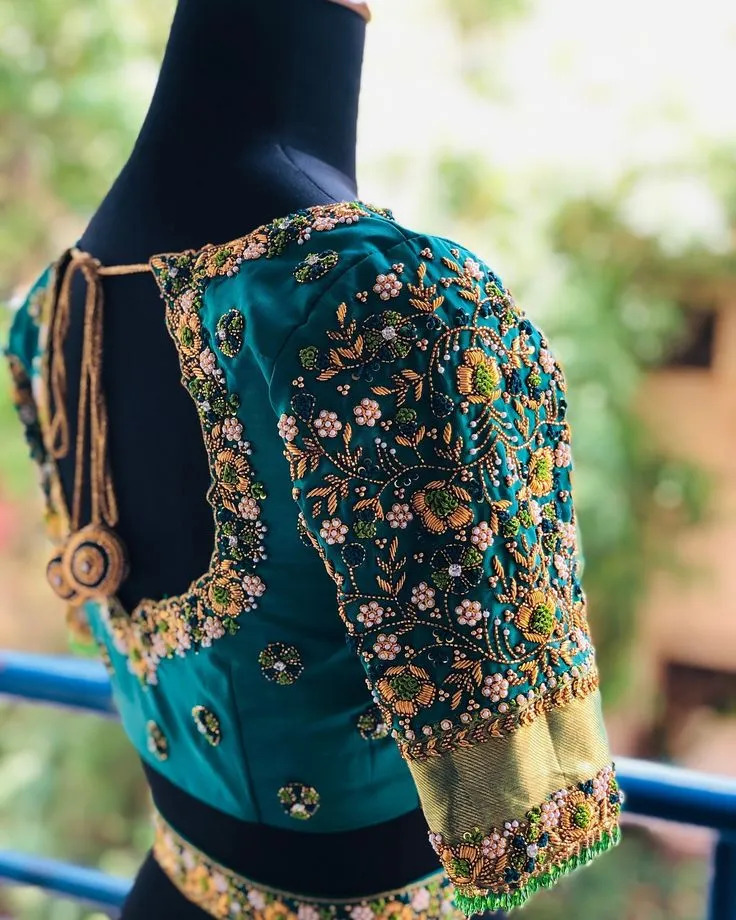 Peacock Green Silk Bridal Blouse with Heavy Maggam Aari Work | Pearl & Zardozi Hand Embroidered Saree Blouse