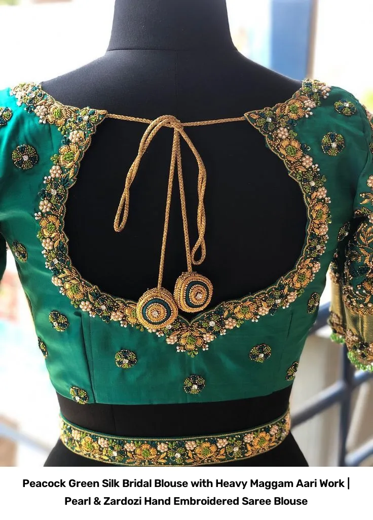 Peacock Green Silk Bridal Blouse with Heavy Maggam Aari Work | Pearl & Zardozi Hand Embroidered Saree Blouse 2