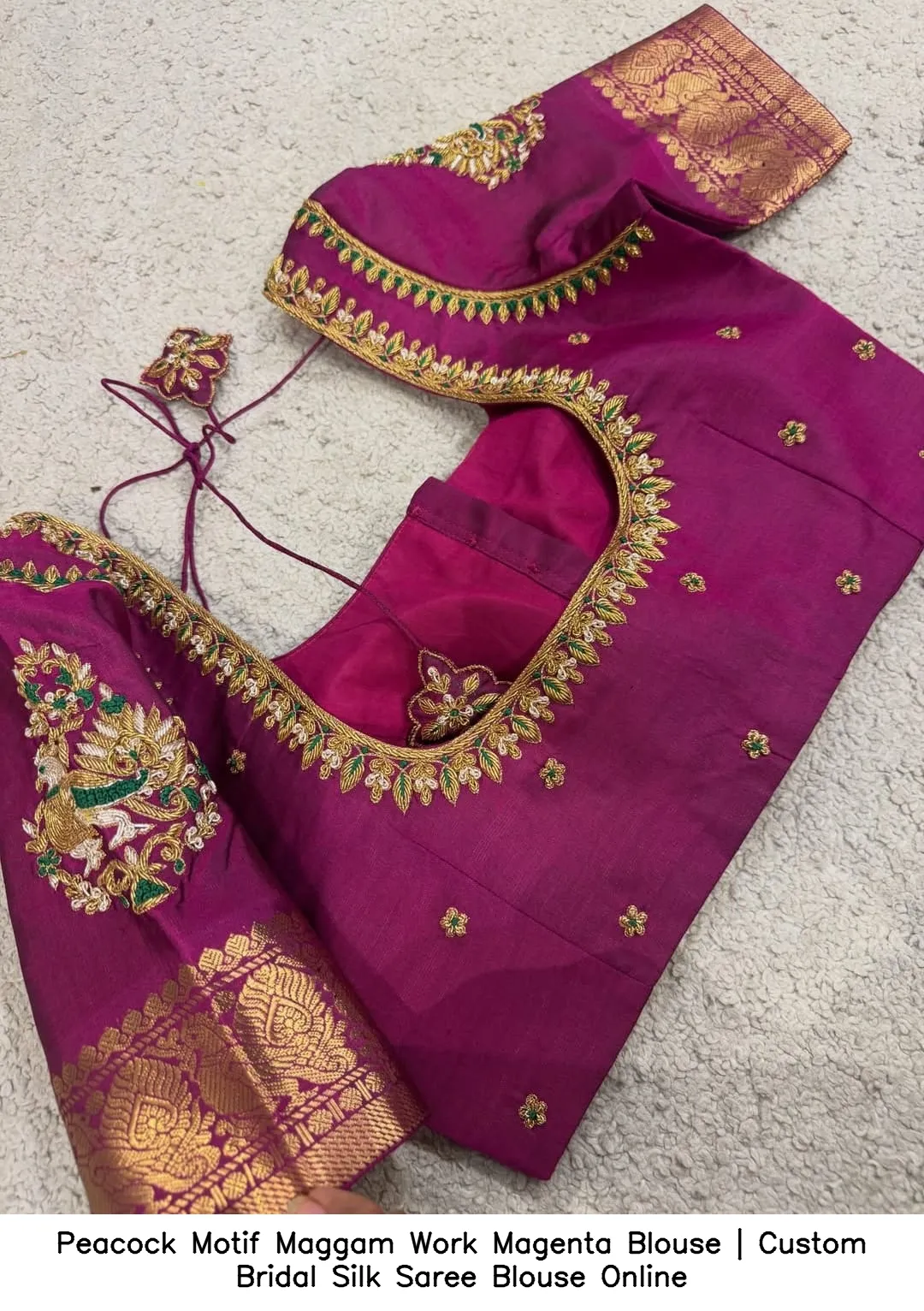 Peacock Motif Maggam Work Magenta Blouse | Custom Bridal Silk Saree Blouse Online 2