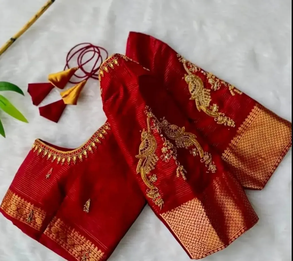 Peacock Motif Red Silk Saree Blouse | Custom Hand Embroidered Bridal Maggam Blouse Online
