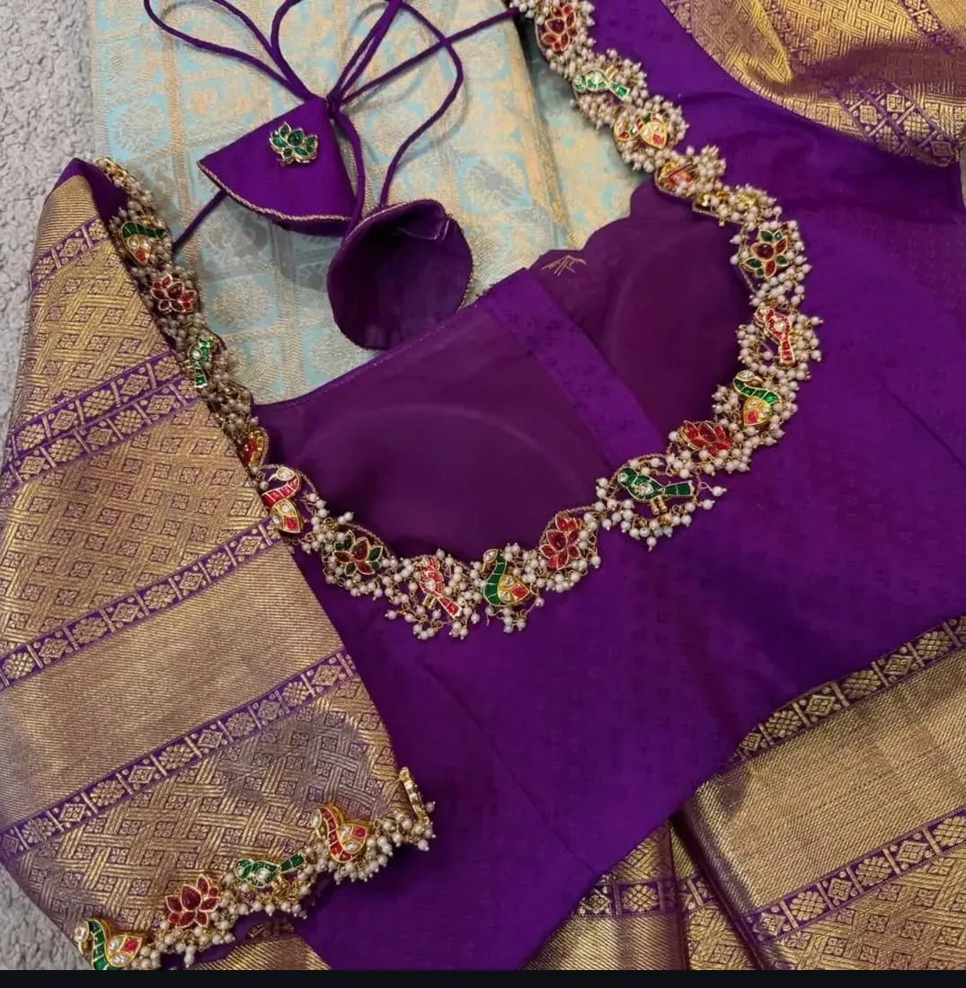 Pearl Cluster Gutta Pusalu Purple Silk Saree Blouse | Custom Bridal Maggam Blouse Online