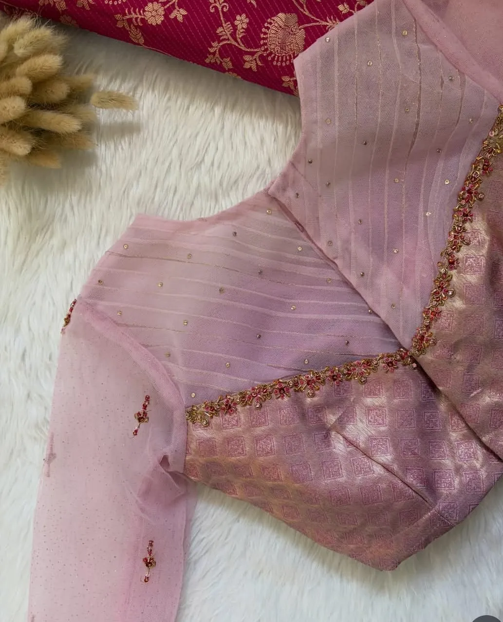 Pink Aari Work Blouse with Net Sleeves