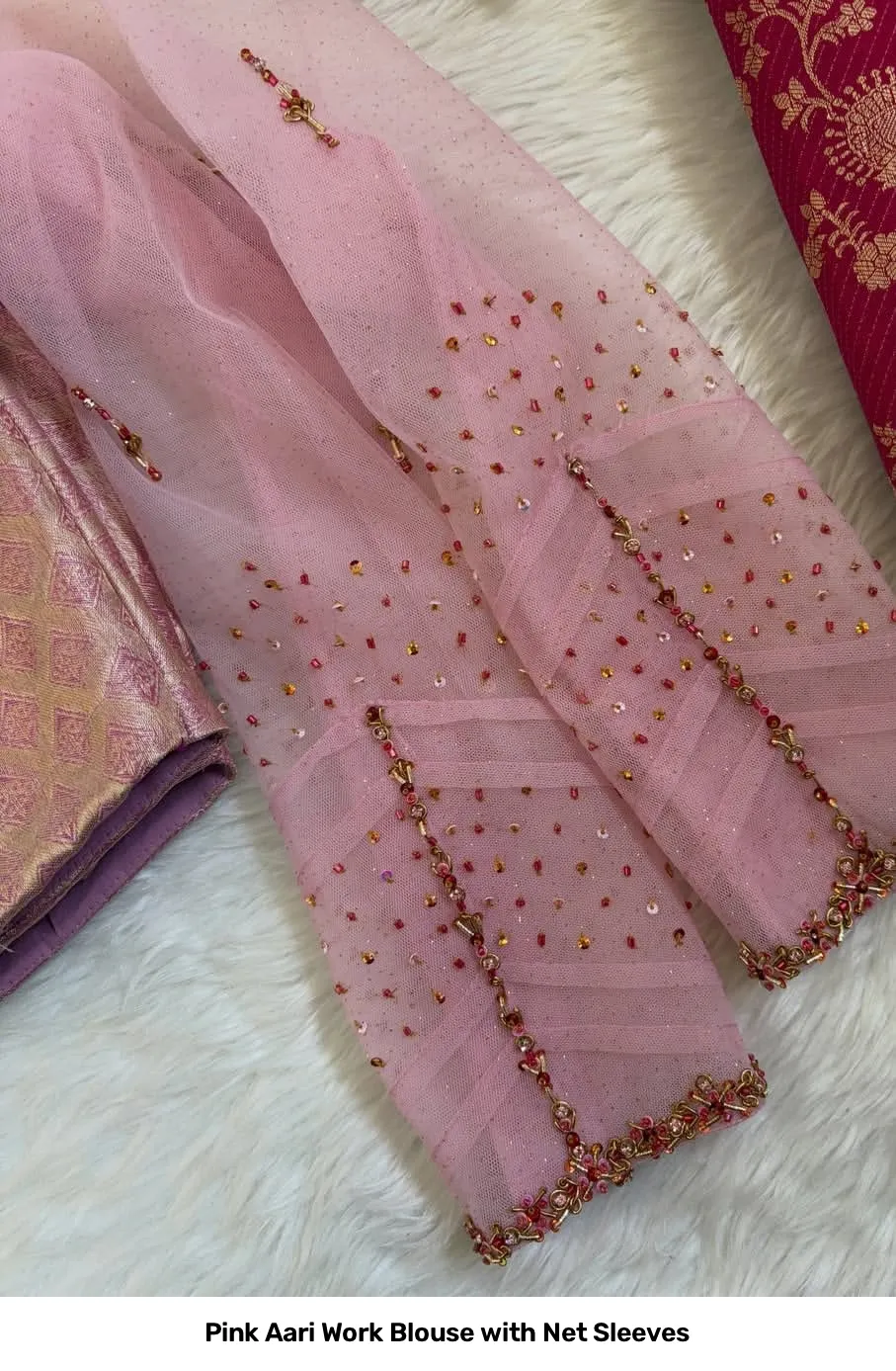 Pink Aari Work Blouse with Net Sleeves 2