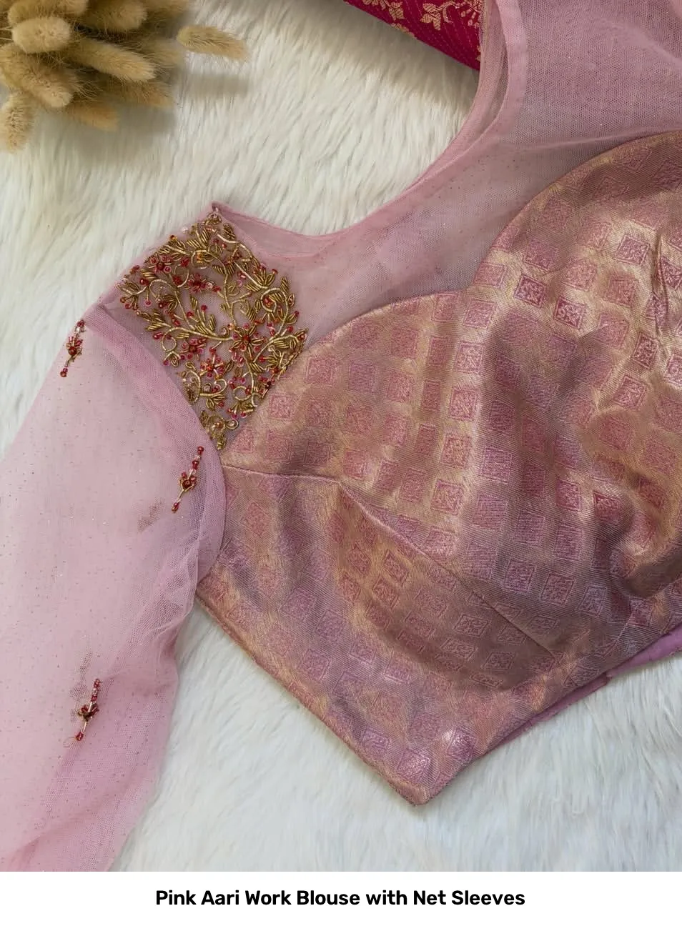 Pink Aari Work Blouse with Net Sleeves 3