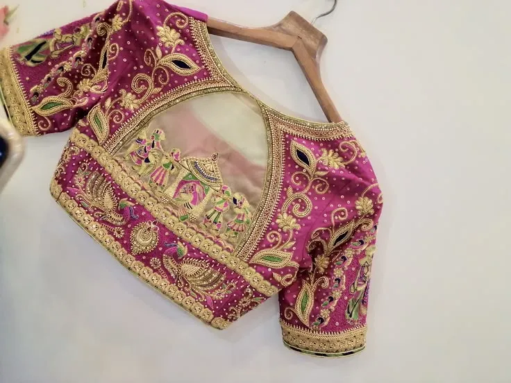 Pink Bridal Maggam Work Blouse | Doli & Peacock Hand Embroidered Zardozi Aari Saree Blouse with Sheer Net Back