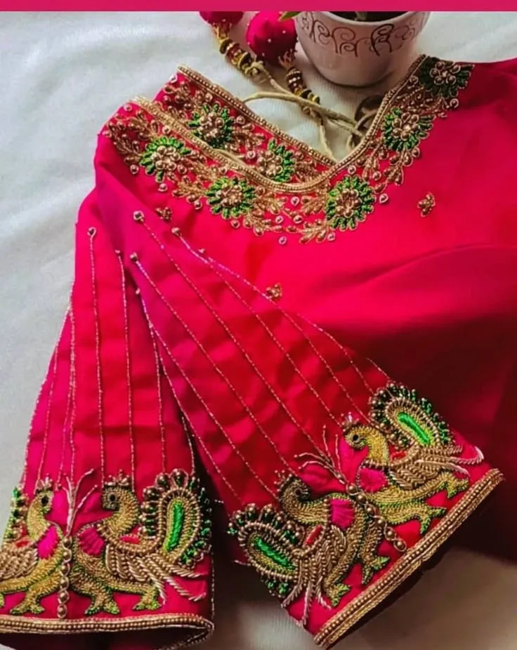 Pink Bridal Maggam Work Blouse | Heavy Hand Embroidered Peacock Aari Work Saree Blouse