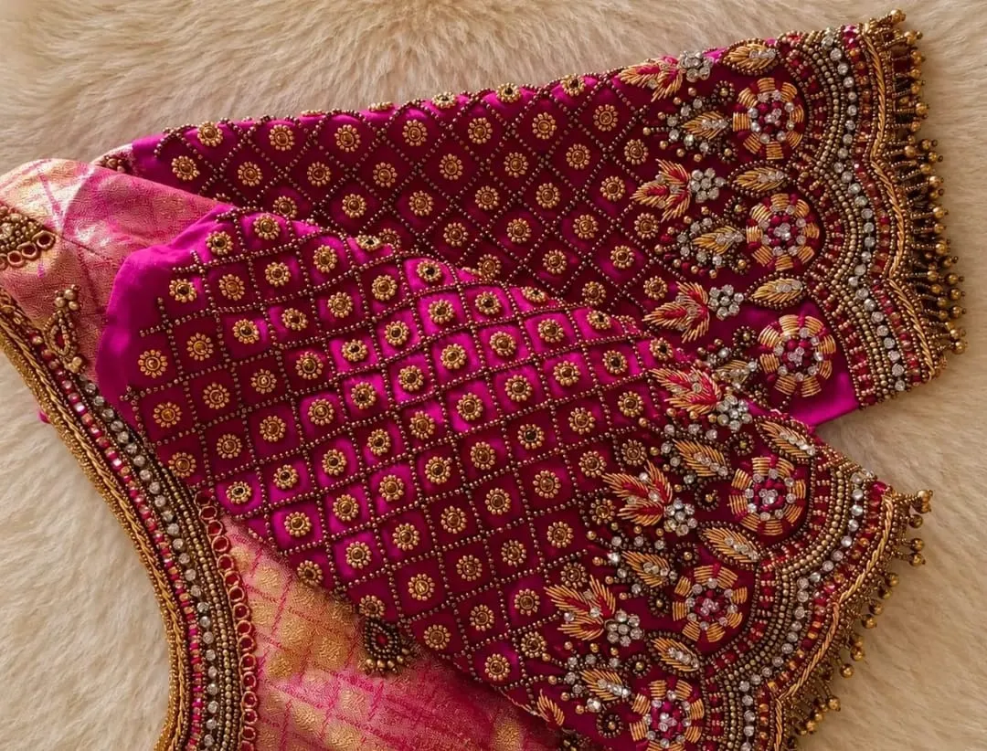 Pink Brocade Bridal Blouse – Heavy Maggam Work Sleeves & Hand Embroidered Zari Wedding Saree Blouse 1