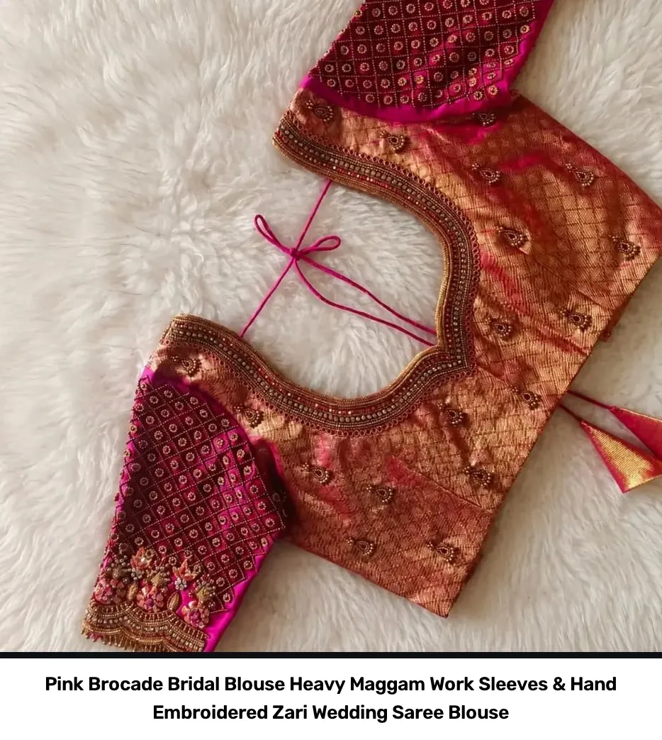 Pink Brocade Bridal Blouse – Heavy Maggam Work Sleeves & Hand Embroidered Zari Wedding Saree Blouse 2