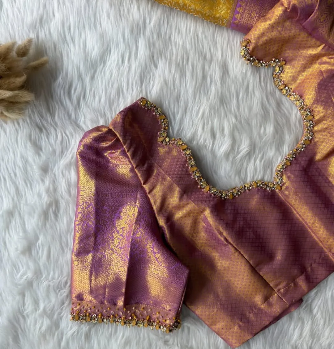 Pink Gold Silk Bridal Blouse | Handcrafted Scallop Neck Maggam & Kundan Work Pattu Saree Blouse 1