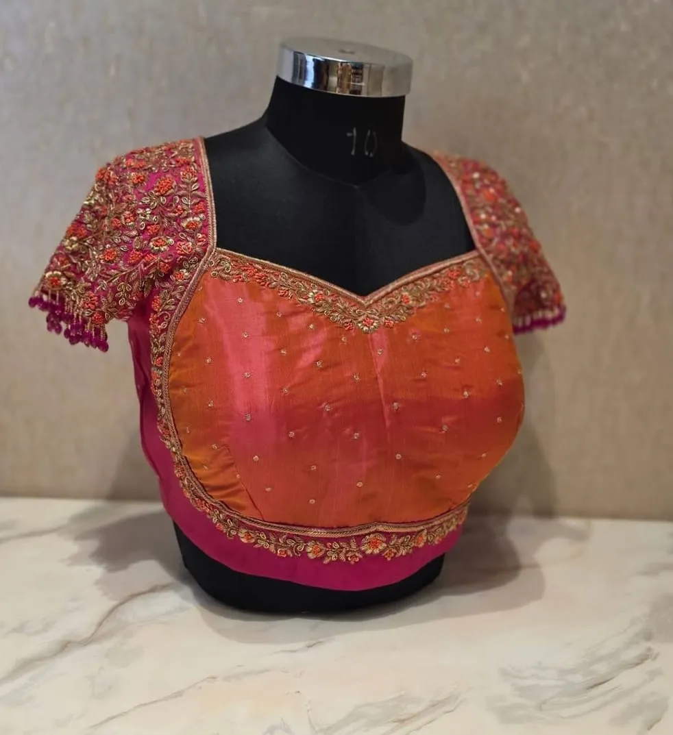 Pink & Orange Dual Shade Silk Blouse with Zardozi Floral Embroidery | Keyhole Back Designer Blouse with Beaded Tassel Sleeves | Bridal Wedding Blouse 1