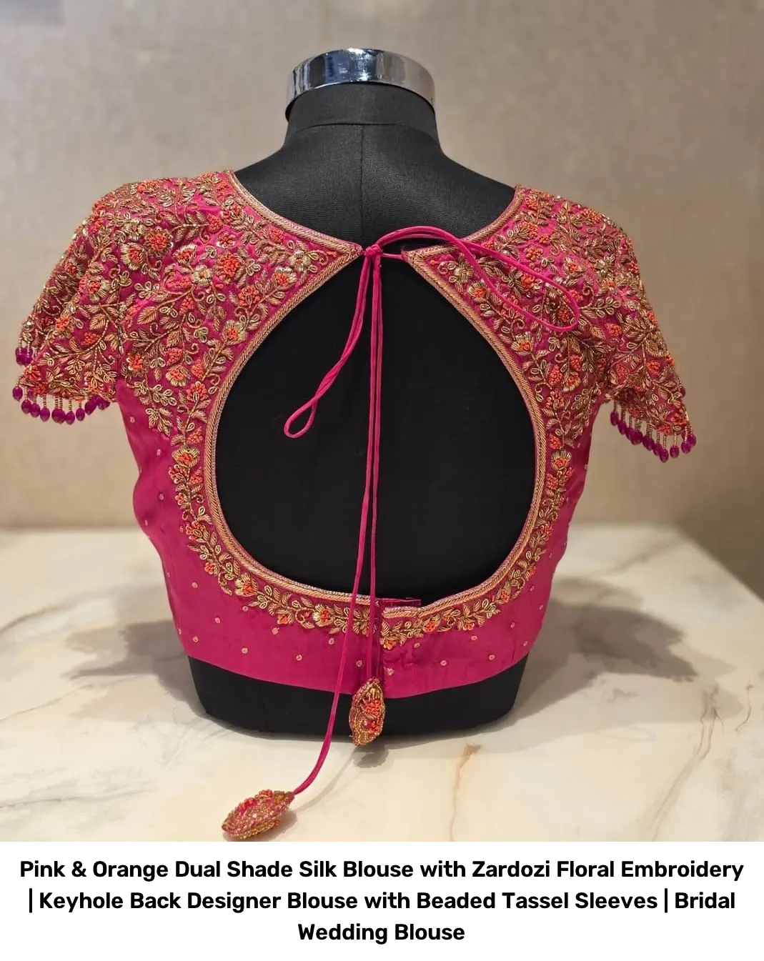 Pink & Orange Dual Shade Silk Blouse with Zardozi Floral Embroidery | Keyhole Back Designer Blouse with Beaded Tassel Sleeves | Bridal Wedding Blouse 3