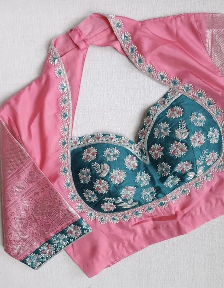 Pink & Peacock Teal Dual Tone Silk Blouse | Sweetheart Halter Neck Cutout Maggam Work Bridal Saree Blouse