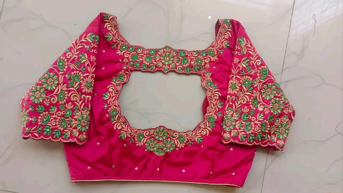 Pink Silk Blouse with Green & Gold Floral Maggam Embroidery & Square Cutout Neck | Computer Work Blouse with Stone Work | Customizable Colour & Size