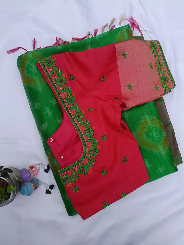Pink Silk Blouse with Multicolor Floral Hand Embroidery & Scalloped Border | Computer Work Blouse for Green Ikkat Saree | Customizable Colour & Size