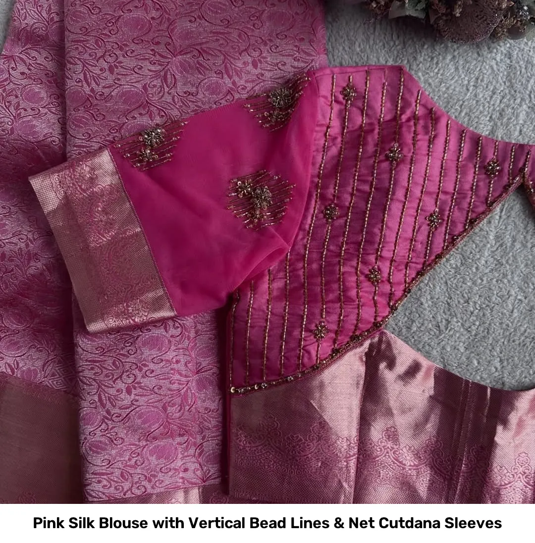 Pink Silk Blouse with Vertical Bead Lines & Net Cutdana Sleeves 2