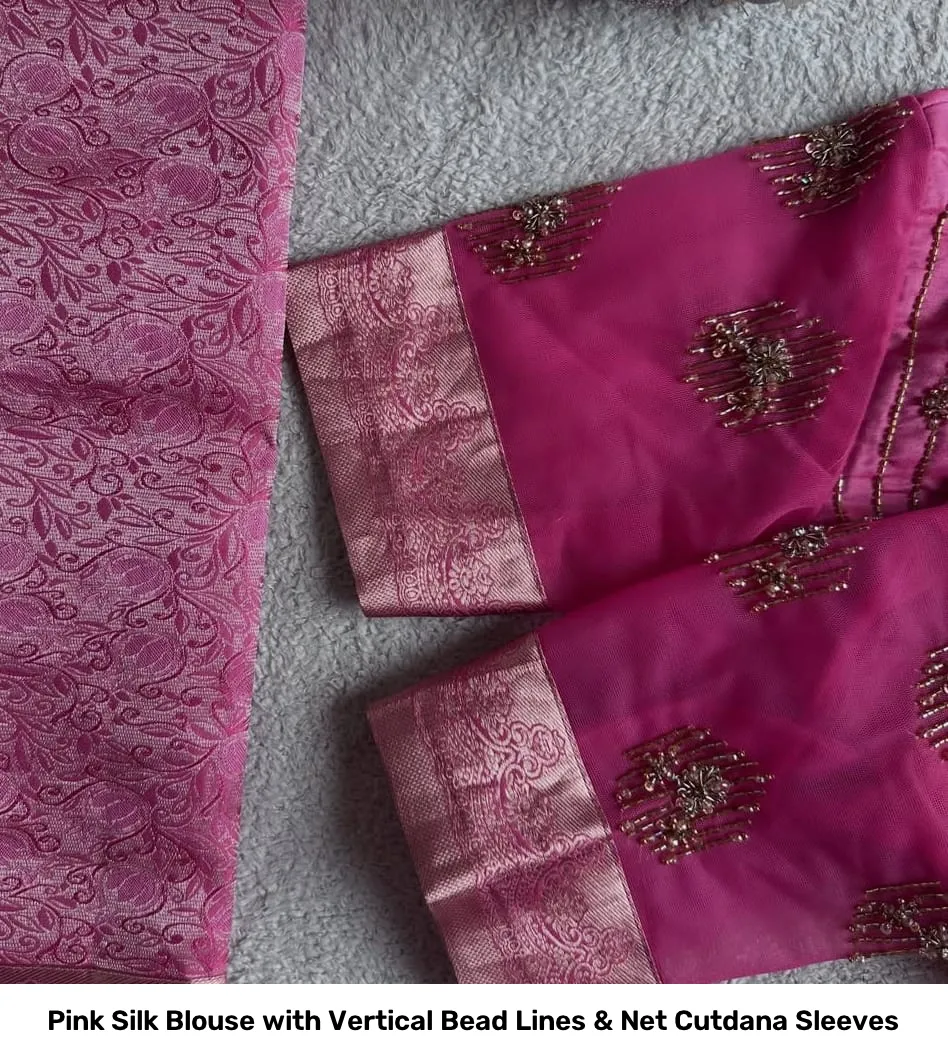 Pink Silk Blouse with Vertical Bead Lines & Net Cutdana Sleeves 3