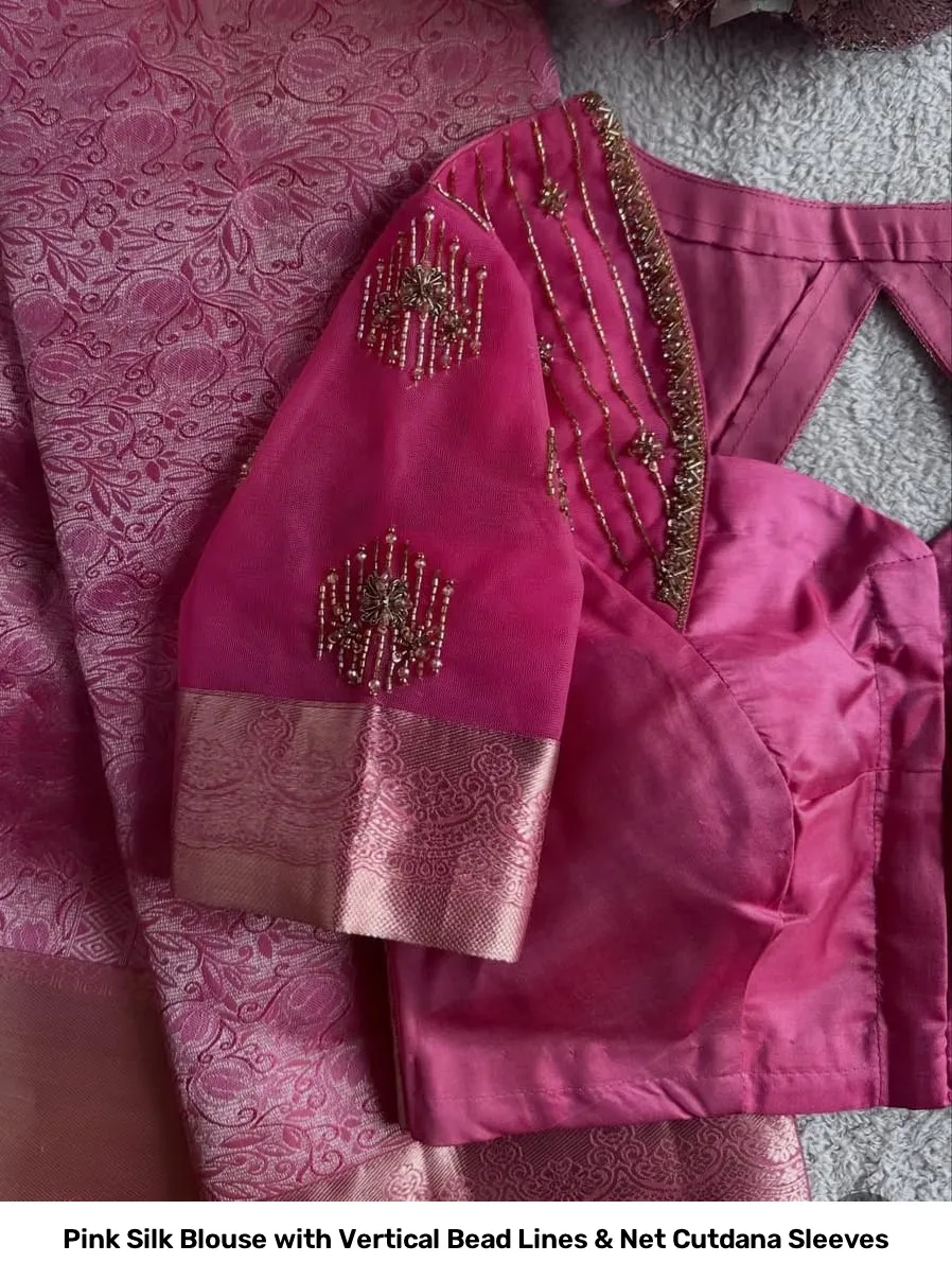 Pink Silk Blouse with Vertical Bead Lines & Net Cutdana Sleeves 4