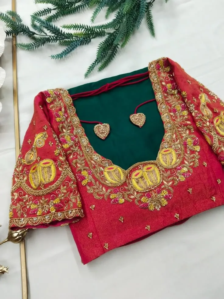 Pink Silk Bridal Aari Work Blouse with Tabala & Shehnai Wedding Motifs | Designer Saree Blouse 1