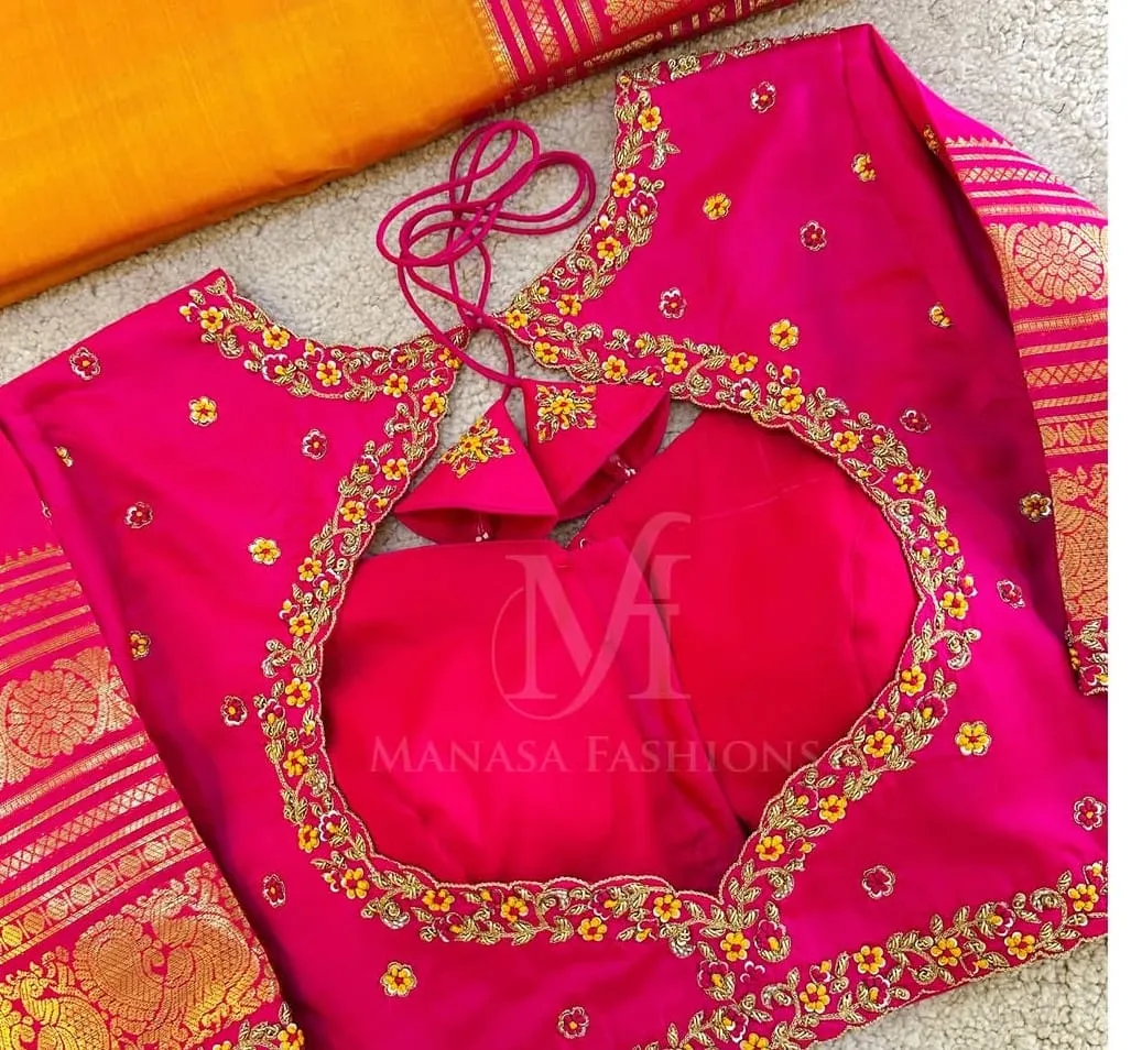 Pink Silk Bridal Maggam Work Blouse | Peacock Embroidery Blouse with Kanjivaram Zari Border