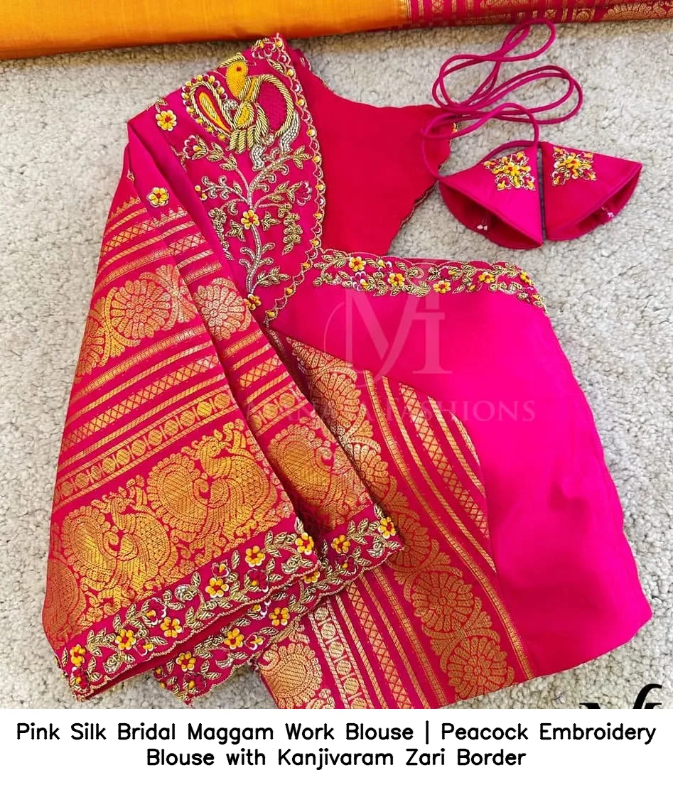 Pink Silk Bridal Maggam Work Blouse | Peacock Embroidery Blouse with Kanjivaram Zari Border 2
