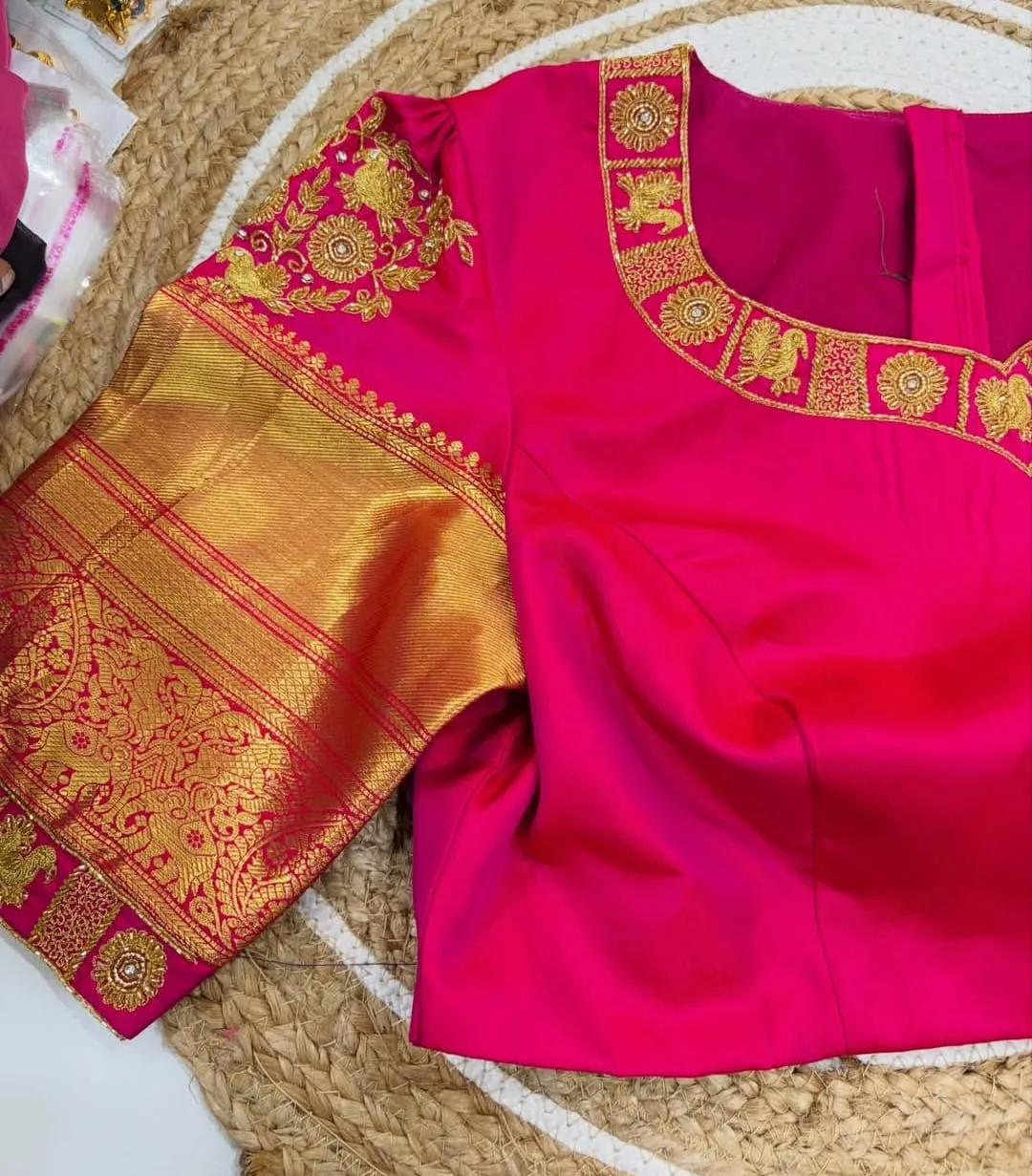 Pink Silk Maggam Work Blouse – Gold Peacock & Floral Neck Border with Tissue Zari Border Sleeves 1