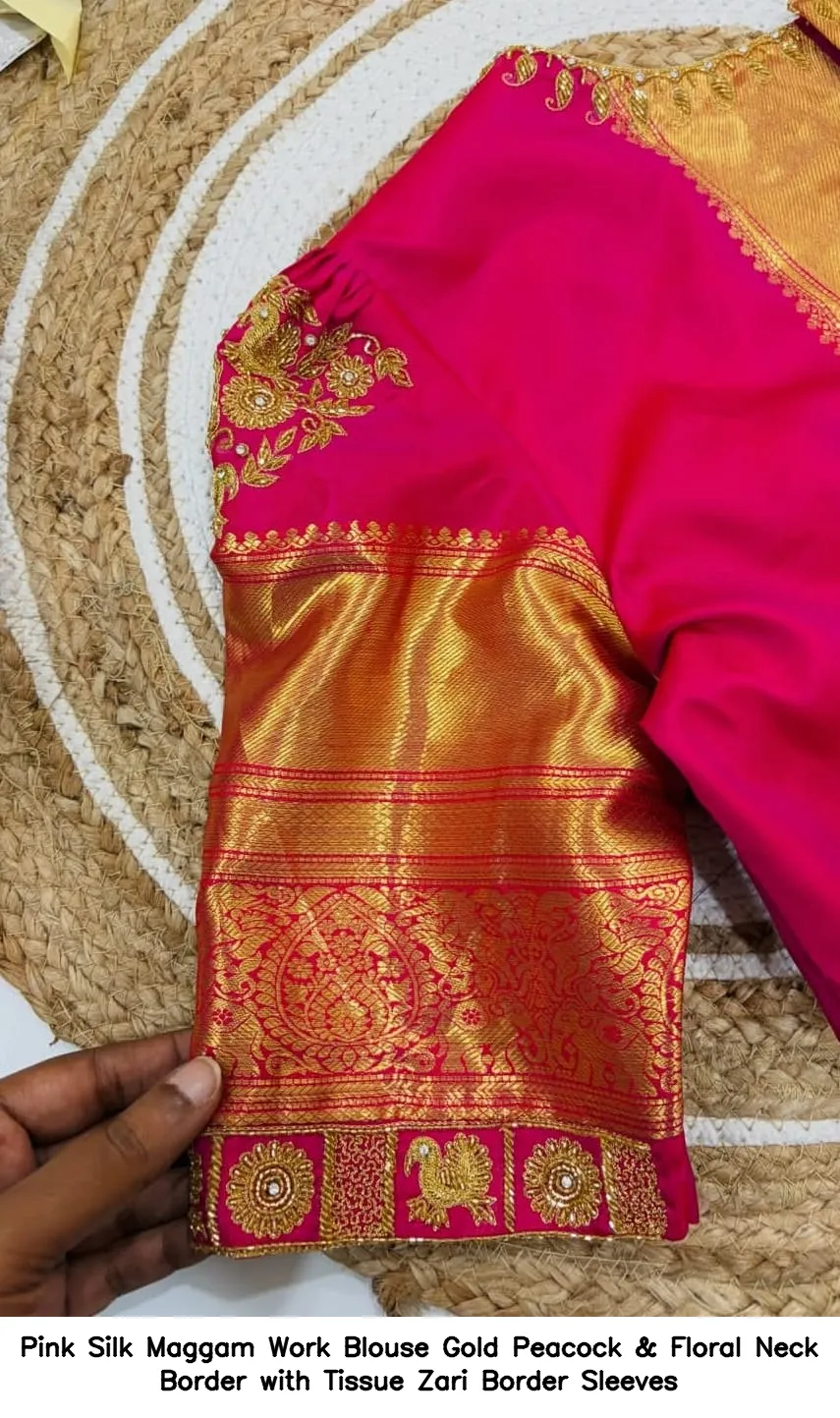 Pink Silk Maggam Work Blouse – Gold Peacock & Floral Neck Border with Tissue Zari Border Sleeves 2