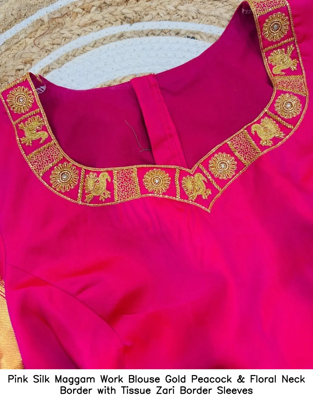 Pink Silk Maggam Work Blouse – Gold Peacock & Floral Neck Border with Tissue Zari Border Sleeves 3