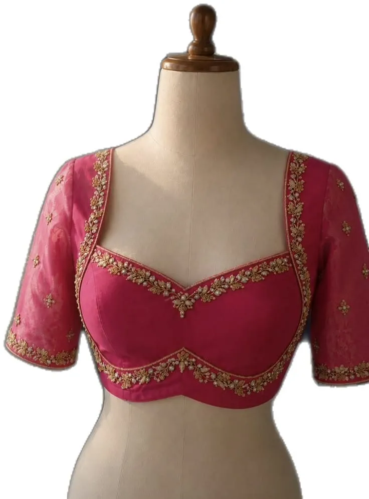 Pink Silk Sweetheart Neck Blouse – Handcrafted Zari & Pearl Maggam Work Readymade Saree Blouse 1
