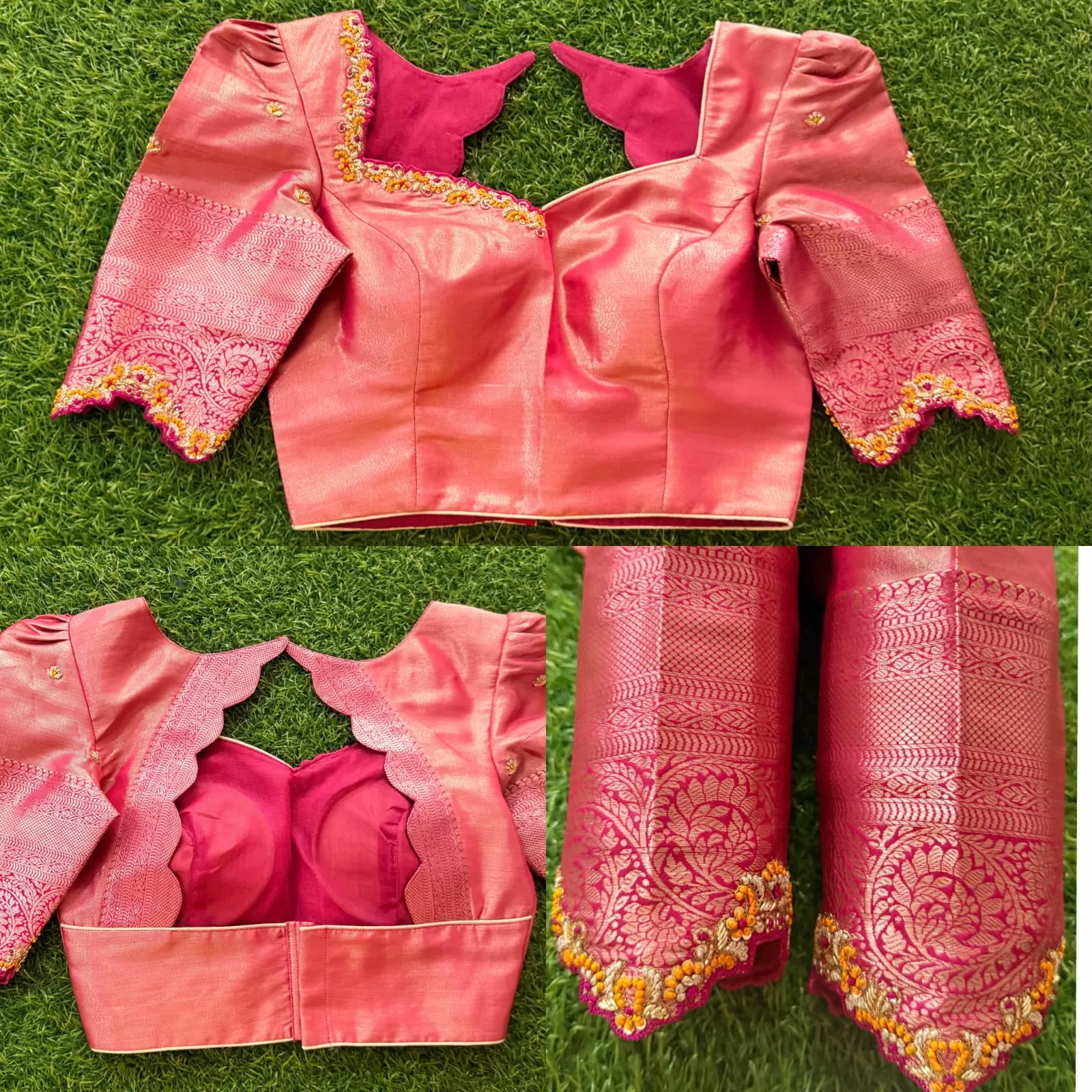 Pink Tissue Silk Readymade Saree Blouse - Floral Beadwork Scallop Hem & Puff Sleeves 1
