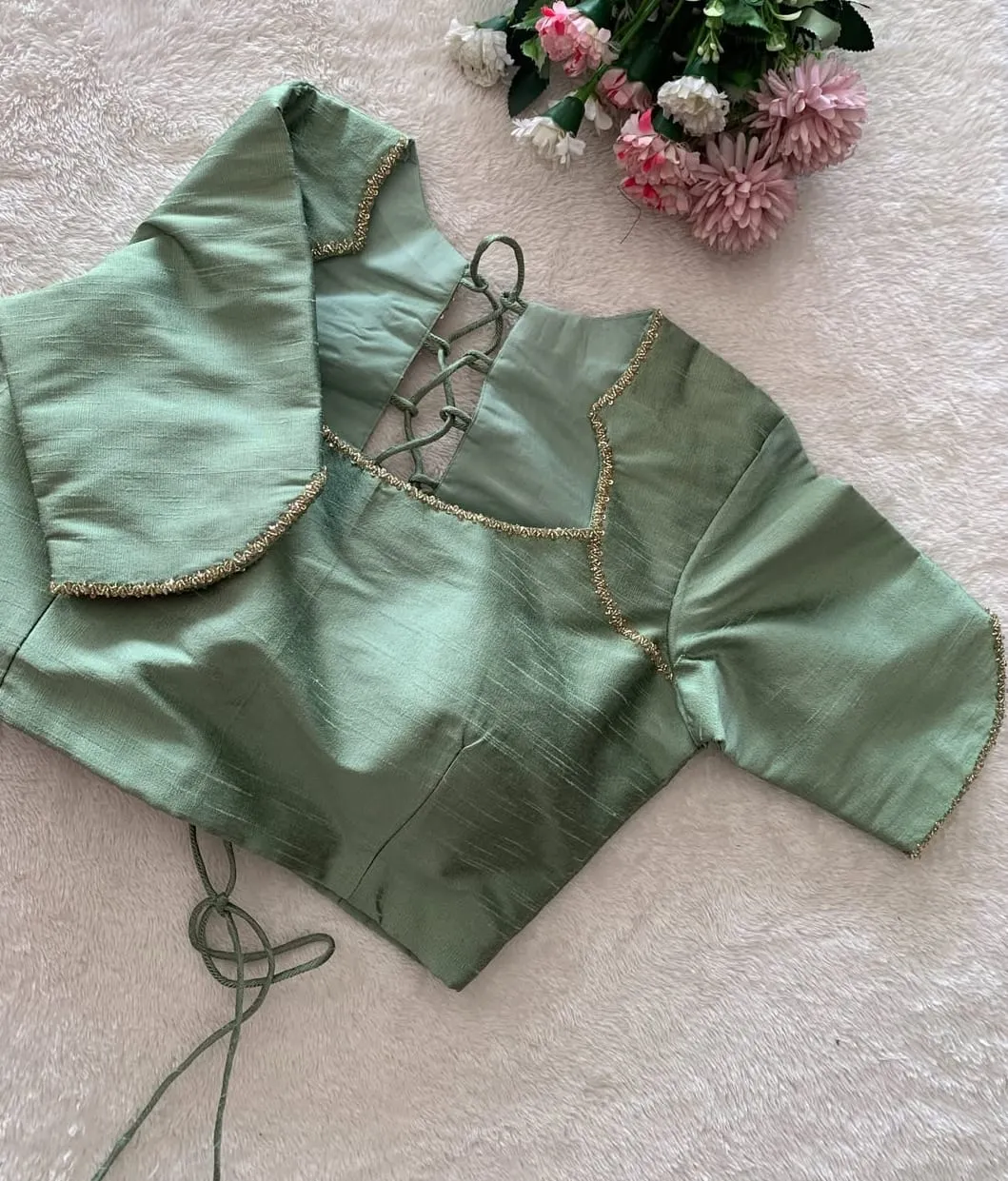 Pistachio Green Raw Silk Saree Blouse | Lace-Up Back Design